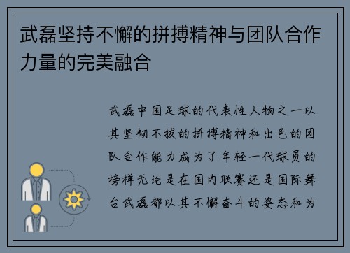 武磊坚持不懈的拼搏精神与团队合作力量的完美融合